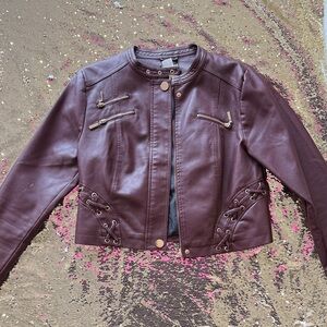VENUS Burgundy Faux Leather Moto Jacket with Lace-Up Sides